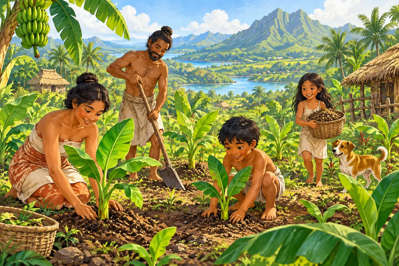 A family tending young banana plants