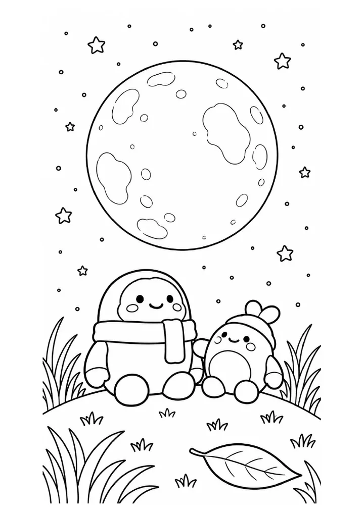 Ray Ray and Dodu sitting under the full moon colouring page