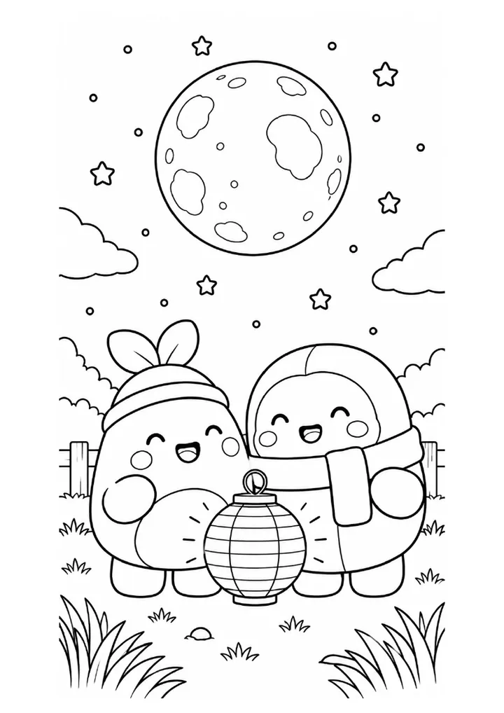 Ray Ray and Dodu beside a lantern colouring page