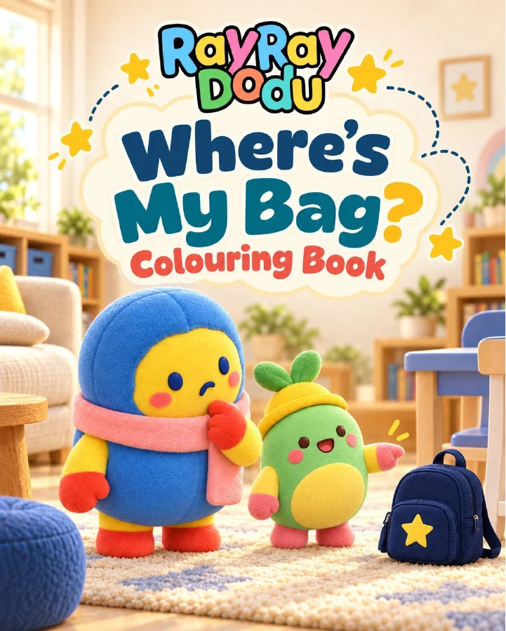 Where’s My Bag? colouring book cover with Ray Ray, Dodu and the star bag