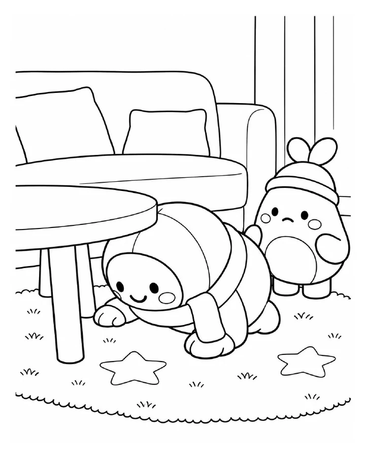 Ray Ray looking under a table while Dodu watches, printable colouring page
