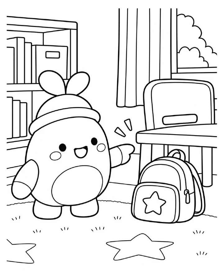 Dodu spotting the star bag beside a chair, printable colouring page
