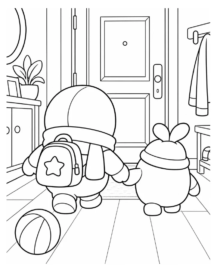 Ray Ray wearing his star bag and holding Dodu’s hand by the door, printable colouring page