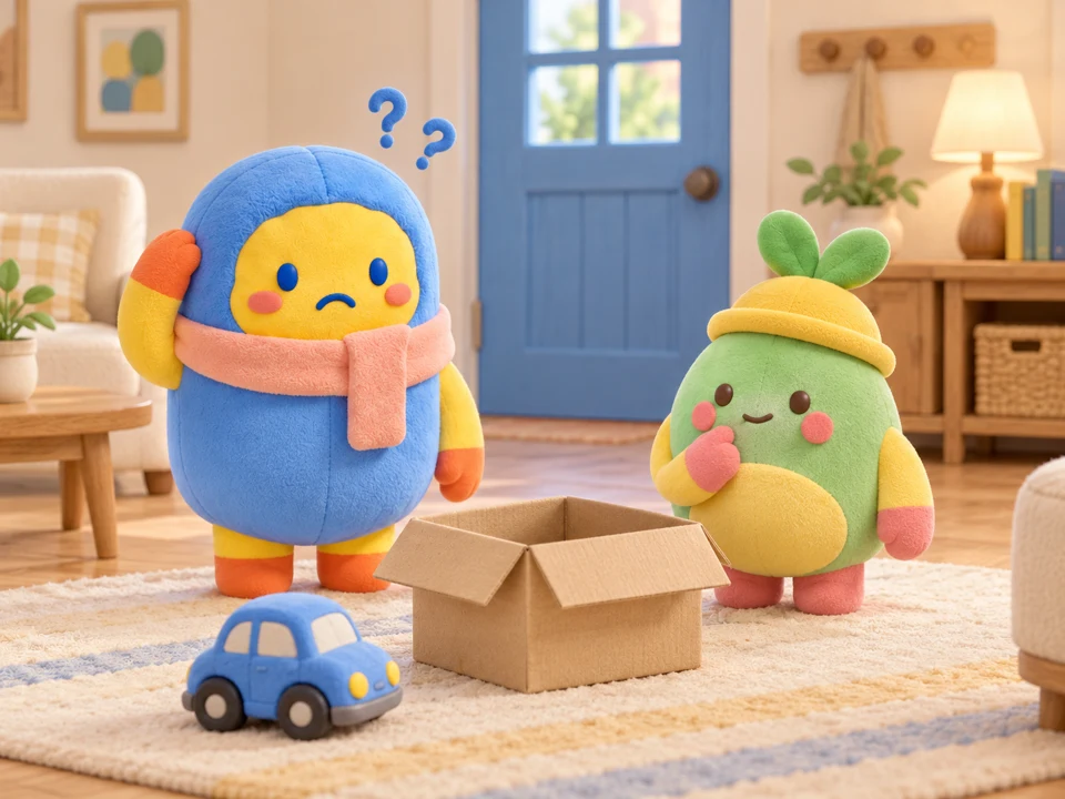 Ray Ray and Dodu looking for the missing bag, with a blue toy car and an empty box in their cosy room