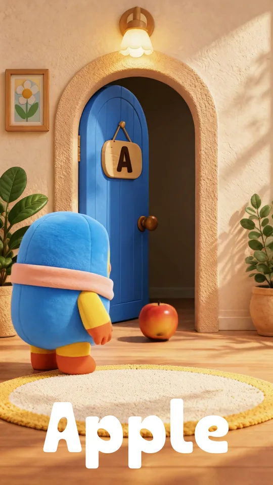 An apple rolling out from door A as Ray Ray watches